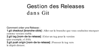 Gestion des Releases
dan s Git
Comment créer une Release :
1.git checkout [branche-cible] : Aller sur la bra nche que vous souha itez ma rquer
comme version sta ble.
2.git tag [nom-de-la-release] : Créer un ta g pour la version
(pa r exemple, v1.0.0).
3.git push origin [nom-de-la-release] : Pousser le ta g vers
le dépôt dista nt.
 