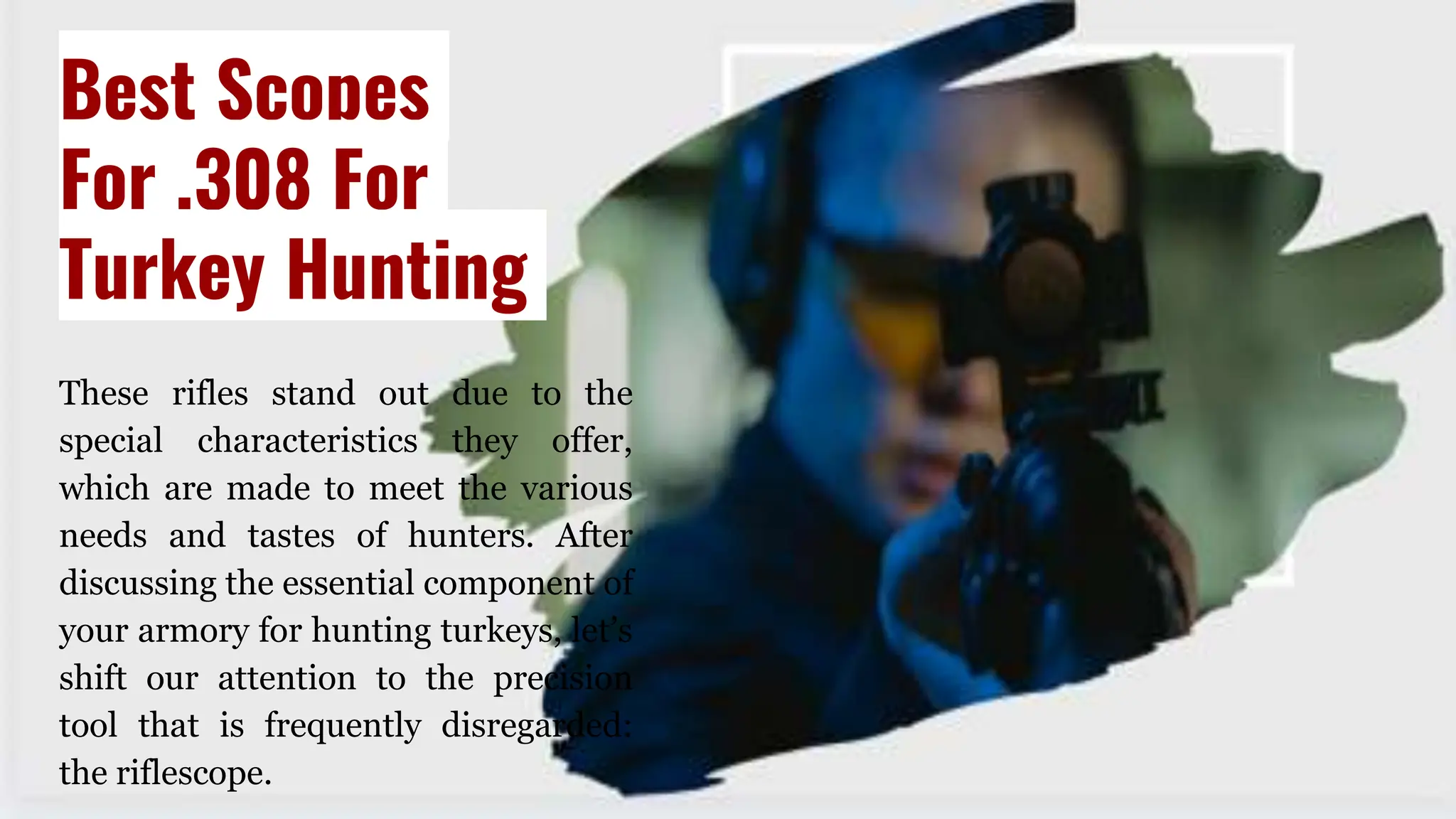 Best Scopes
For .308 For
Turkey Hunting
These rifles stand out due to the
special characteristics they offer,
which are made to meet the various
needs and tastes of hunters. After
discussing the essential component of
your armory for hunting turkeys, let’s
shift our attention to the precision
tool that is frequently disregarded:
the riflescope.
 