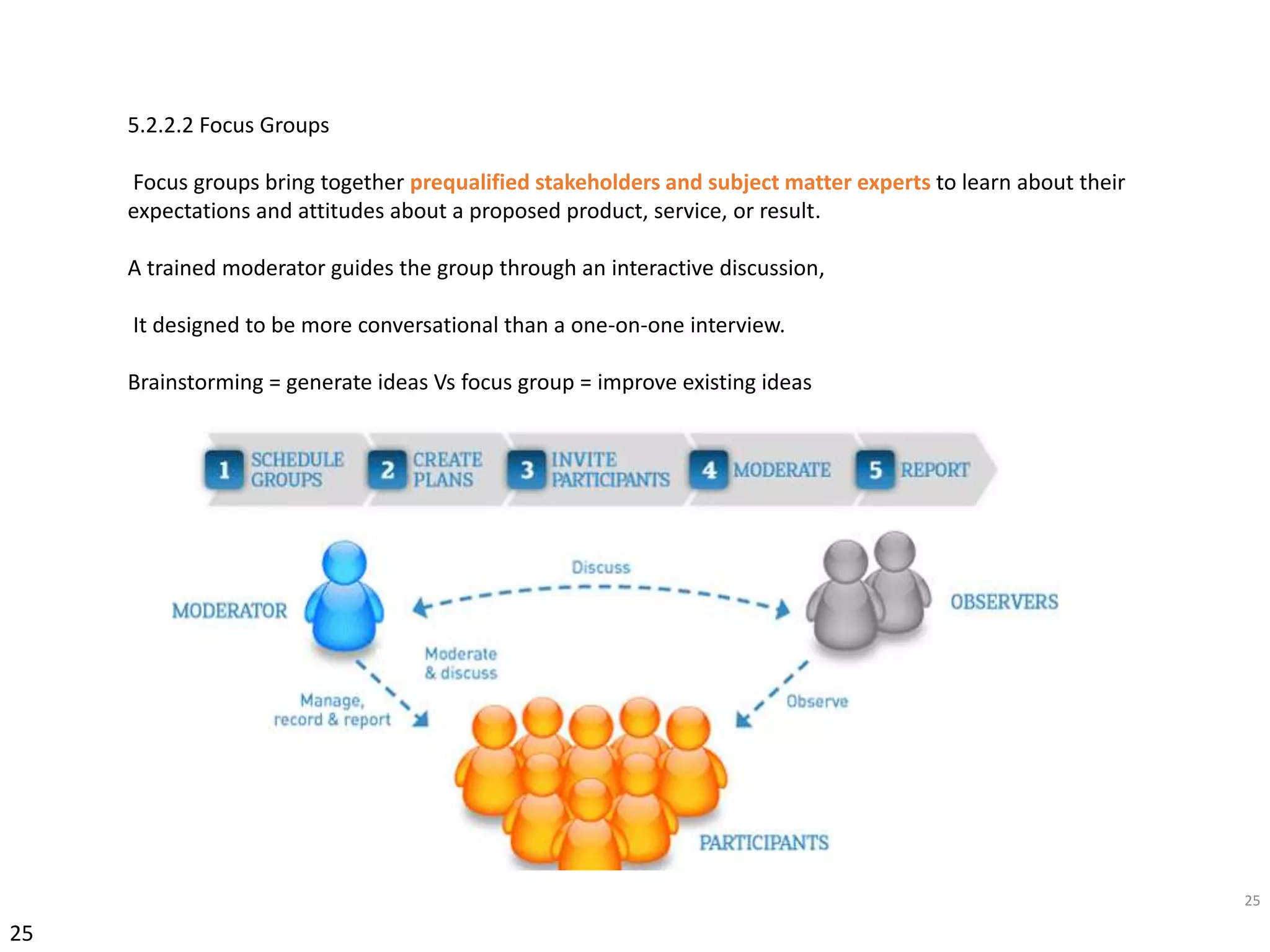25
25
5.2.2.2 Focus Groups
Focus groups bring together prequalified stakeholders and subject matter experts to learn about their
expectations and attitudes about a proposed product, service, or result.
A trained moderator guides the group through an interactive discussion,
It designed to be more conversational than a one-on-one interview.
Brainstorming = generate ideas Vs focus group = improve existing ideas
 