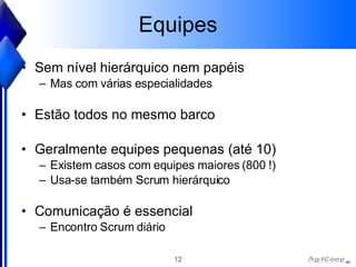 Equipes Sem nível hierárquico nem papéis Mas com várias especialidades Estão todos no mesmo barco Geralmente equipes pequenas (até 10) Existem casos com equipes maiores (800 !) Usa-se também Scrum hierárquico Comunicação é essencial Encontro Scrum diário 