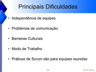Principais Dificuldades Independência de equipes  Problemas de comunicação Barreiras Culturais Modo de Trabalho Práticas de Scrum são para equipes reunidas 