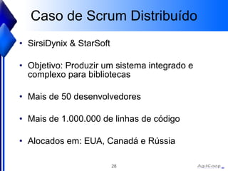 Caso de Scrum Distribuído SirsiDynix & StarSoft Objetivo: Produzir um sistema integrado e complexo para bibliotecas Mais de 50 desenvolvedores Mais de 1.000.000 de linhas de código Alocados em: EUA, Canadá e Rússia 