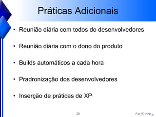 Práticas Adicionais Reunião diária com todos do desenvolvedores Reunião diária com o dono do produto Builds automáticos a cada hora Pradronização dos desenvolvedores  Inserção de práticas de XP 