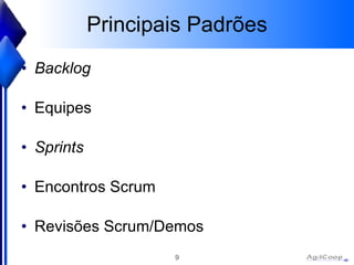 Principais Padrões Backlog Equipes Sprints Encontros Scrum  Revisões Scrum/Demos 