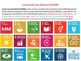 Leaving No One Behind SDG2030
Leave no one behind (LNOB) is the central, transformative promise of the 2030 Agenda for
Sustainable Development and its Sustainable Development Goals (SDGs). It represents the
unequivocal commitment of all UN Member States to eradicate poverty in all its forms, end
discrimination and exclusion, and reduce the inequalities and vulnerabilities that leave
people behind and undermine the potential of individuals and of humanity as a whole.
 