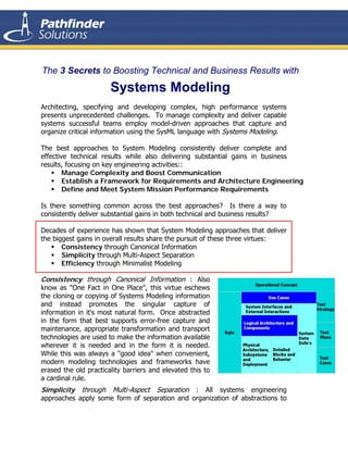 The 3 Secrets to Boosting Technical and Business Results with
                       Systems Modeling
Architecting, specifying and developing complex, high performance systems
presents unprecedented challenges. To manage complexity and deliver capable
systems successful teams employ model-driven approaches that capture and
organize critical information using the SysML language with Systems Modeling.

The best approaches to System Modeling consistently deliver complete and
effective technical results while also delivering substantial gains in business
results, focusing on key engineering activities::
        Manage Complexity and Boost Communication
        Establish a Framework for Requirements and Architecture Engineering
        Define and Meet System Mission Performance Requirements

Is there something common across the best approaches? Is there a way to
consistently deliver substantial gains in both technical and business results?

Decades of experience has shown that System Modeling approaches that deliver
the biggest gains in overall results share the pursuit of these three virtues:
       Consistency through Canonical Information
       Simplicity through Multi-Aspect Separation
       Efficiency through Minimalist Modeling

Consistency through Canonical Information : Also
know as "One Fact in One Place", this virtue eschews
the cloning or copying of Systems Modeling information
and instead promotes the singular capture of
information in it's most natural form. Once abstracted
in the form that best supports error-free capture and
maintenance, appropriate transformation and transport
technologies are used to make the information available
wherever it is needed and in the form it is needed.
While this was always a "good idea" when convenient,
modern modeling technologies and frameworks have
erased the old practicality barriers and elevated this to
a cardinal rule.
Simplicity through Multi-Aspect Separation : All systems engineering
approaches apply some form of separation and organization of abstractions to
 