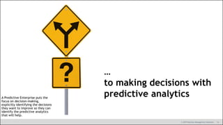 14© 2019 Decision Management Solutions
…
to making decisions with
predictive analyticsA Predictive Enterprise puts the
focus on decision-making,
explicitly identifying the decisions
they want to improve so they can
identify the predictive analytics
that will help.
 