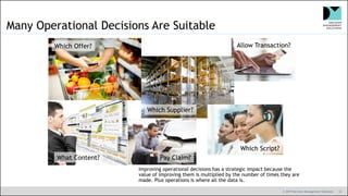 © 2019 Decision Management Solutions 19
Many Operational Decisions Are Suitable
Improving operational decisions has a strategic impact because the
value of improving them is multiplied by the number of times they are
made. Plus operations is where all the data is.
Which Offer?
What Content?
Which Supplier?
Pay Claim?
Which Script?
Allow Transaction?
 