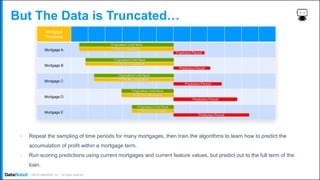 . ©2019 DataRobot, Inc. – All rights reserved
But The Data is Truncated…
o Repeat the sampling of time periods for many mortgages, then train the algorithms to learn how to predict the
accumulation of profit within a mortgage term.
o Run scoring predictions using current mortgages and current feature values, but predict out to the full term of the
loan.
 