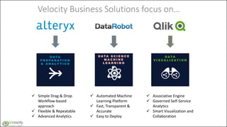 D A T A
V I S U A L I Z A T I O N
D A T A S C I E N C E
M A C H I N E
L E A R N I N G
Velocity Business Solutions focus on…
✓ Simple Drag & Drop
Workflow-based
approach
✓ Flexible & Repeatable
✓ Advanced Analytics
✓ Associative Engine
✓ Governed Self-Service
Analytics
✓ Smart Visualization and
Collaboration
✓ Automated Machine
Learning Platform
✓ Fast, Transparent &
Accurate
✓ Easy to Deploy
D A T A
P R E P A R A T I O N
& A N A L Y T I C S
 