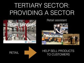 TERTIARY SECTOR:
PROVIDING A SECTOR
RETAIL
HELP SELL PRODUCTS
TO CUSTOMERS
Retail assistant