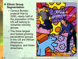 Copyright © 2004 by South-Western, a division of Thomson Learning, Inc. All rights reserved.8-16
 Ethnic Group
Segmentation
 Census Bureau
projects that by
2050, nearly half of
the population of the
US will belong to
nonwhite minority
groups.
 The three largest
and fastest-growing
racial/ethnic groups
in the US are African
Americans,
Hispanics, and Asian
Americans.
 
