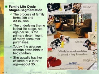 Copyright © 2004 by South-Western, a division of Thomson Learning, Inc. All rights reserved.8-17
 Family Life Cycle
Stages Segmentation
 The process of family
formation and
dissolution.
 The underlying theme
is that life stage, not
age per se, is the
primary determinant
of many consumer
purchases.
 Today, the average
woman gives birth to
two children .
 She usually has her
children at a later
age—about 35.
 