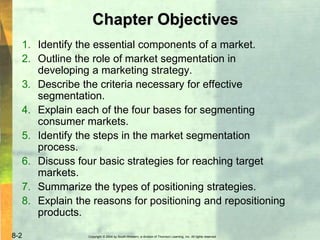 Copyright © 2004 by South-Western, a division of Thomson Learning, Inc. All rights reserved.8-2
Chapter Objectives
1. Identify the essential components of a market.
2. Outline the role of market segmentation in
developing a marketing strategy.
3. Describe the criteria necessary for effective
segmentation.
4. Explain each of the four bases for segmenting
consumer markets.
5. Identify the steps in the market segmentation
process.
6. Discuss four basic strategies for reaching target
markets.
7. Summarize the types of positioning strategies.
8. Explain the reasons for positioning and repositioning
products.
 