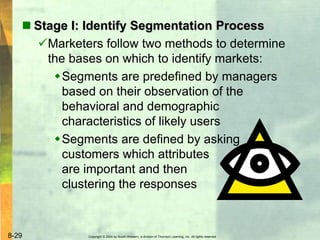 Copyright © 2004 by South-Western, a division of Thomson Learning, Inc. All rights reserved.8-29
 Stage I: Identify Segmentation Process
Marketers follow two methods to determine
the bases on which to identify markets:
Segments are predefined by managers
based on their observation of the
behavioral and demographic
characteristics of likely users
Segments are defined by asking
customers which attributes
are important and then
clustering the responses
 