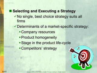 Copyright © 2004 by South-Western, a division of Thomson Learning, Inc. All rights reserved.8-41
 Selecting and Executing a Strategy
No single, best choice strategy suits all
firms
Determinants of a market-specific strategy:
Company resources
Product homogeneity
Stage in the product life-cycle
Competitors’ strategy
 