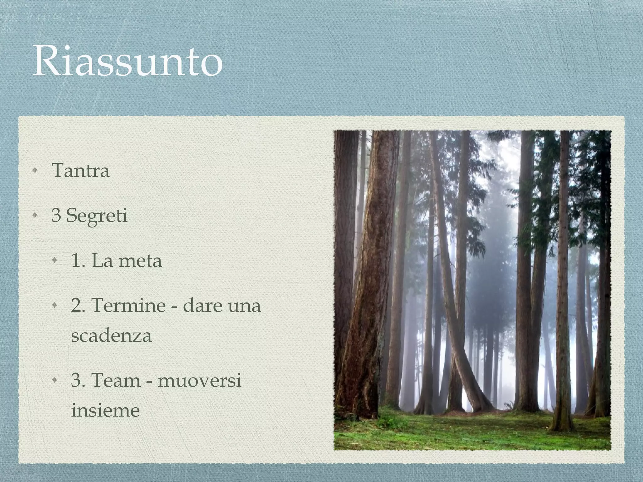 Tantra
3 Segreti
1. La meta
2. Termine - dare una
scadenza
3. Team - muoversi
insieme
 