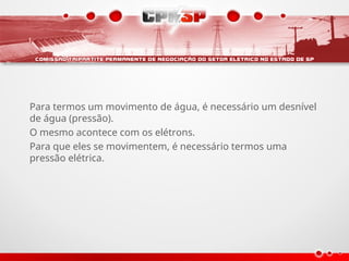 Para termos um movimento de água, é necessário um desnível
de água (pressão).
O mesmo acontece com os elétrons.
Para que eles se movimentem, é necessário termos uma
pressão elétrica.
 