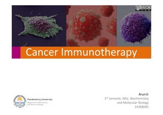 Cancer ImmunotherapyCancer Immunotherapy
Arun.V.
3rd semeste, MSc. Biochemistry
and Molecular Biology
14368005
 