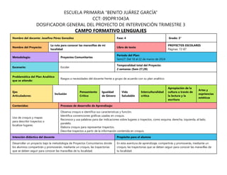 Nombre del docente: Josefina Pérez González Fase: 4 Grado: 3°
Nombre del Proyecto:
La ruta para conocer las maravillas de mi
localidad
Libro de texto
PROYECTOS ESCOLARES
Páginas: 72-87
Metodología: Proyectos Comunitarios
Periodo del Plan:
Sem27: Del 18 al 22 de marzo de 2024
Escenario: Escolar
Temporalidad total del Proyecto:
2 semanas (Sem 27,28)
Problemática del Plan Analítico
que se atiende:
Rasgos a necesidades del docente frente a grupo de acuerdo con su plan analítico
Ejes
Articuladores:
Inclusión
Pensamiento
Crítico
Igualdad
de Género
Vida
Saludable
Interculturalidad
crítica
Apropiación de la
cultura a través de
la lectura y la
escritura
Artes y
expriencias
estéticas
Contenidos: Procesos de desarrollo de Aprendizaje:
Uso de croquis y mapas
para describir trayectos o
localizar lugares.
Observa croquis e identifica sus características y función.
Identifica convenciones gráficas usadas en croquis.
Reconoce y usa palabras para dar indicaciones sobre lugares o trayectos, como esquina, derecha, izquierda, al lado,
paralelo.
Elabora croquis para representar trayectos.
Describe trayectos a partir de la información contenida en croquis.
Intención didáctica del docente Propósito para el alumno
Desarrollar un proyecto bajo la metodología de Proyectos Comunitarios donde
los alumnos compartirán y promoverán, mediante un croquis, las trayectorias
que se deben seguir para conocer las maravillas de tu localidad.
En esta aventura de aprendizaje, compartirás y promoverás, mediante un
croquis, las trayectorias que se deben seguir para conocer las maravillas de
tu localidad.
ESCUELA PRIMARIA “BENITO JUÁREZ GARCÍA”
CCT: 09DPR1043A
DOSIFICADOR GENERAL DEL PROYECTO DE INTERVENCIÓN TRIMESTRE 3
CAMPO FORMATIVO LENGUAJES
 