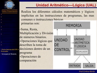 Programación I
Índice Presentación
Prof.Cinthia MoránProf.Cinthia Morán
Unidad Aritmético––Lógica (UAL)
-Suma, Resta,
Multiplicación y División
de números binarios.
-Operaciones lógicas que
describen la toma de
decisiones dentro de un
programa
-Operaciones de
comparación
Realiza los diferentes cálculos matemáticos y lógicos
implícitas en las instrucciones de programas, las mas
comunes o instrucciones básicas
primarias son:
 Definición Hardware
Parte de Computador
Componentes
Dispositivo Entrada y
Salida
Dispositivos de Salida
Periféricos de
almacenamiento secundario
Capacidad de
almacenamiento de los
Dispositivos de
Almacenamiento
Subsistema Interno
Unidad Central de Proceso
(CPU)
Partes Internas del CPU ó
Procesador
Jerarquía de Memoria
 