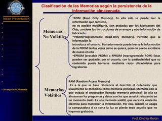 Programación I
Índice Presentación
Prof.Cinthia MoránProf.Cinthia Morán
Clasificación de las Memorias según la persistencia de la
información almacenada.
Memorias
No Volátiles
Memorias
Volátiles
•ROM (Read Only Memory). En ella sólo se puede leer la
información que contiene,
no es posible modificarla. Son grabadas por los fabricantes del
Chip, contiene las instrucciones de arranque y otra información de
fabricante.
•PROM(Programmable Read-Only Memory). Permite que la
información la
introduzca el usuario. Posteriormente puede leerse la información
de la PROM tantas veces como se quiera, pero no puede escribirse
de nuevo en ella .
•EPROM (erasable PROM) o RPROM (reprogramable ROM) Estas
pueden ser grabadas por el usuario, con la particularidad que su
contenido puede borrarse mediante rayos ultravioletas para
regrabarlas
RAM (Random Access Memory)
Es a la que se hace referencia al describir el ordenador que
usualmente se Menciona como memoria principal. Memoria con la
que trabaja el procesador llamada memoria principal. En ella se
almacenan los programas y datos con los que se está trabajando en
un momento dado. Es una memoria volátil, que necesita corriente
eléctrica para mantener la Información. Por eso, cuando se apaga
la computadora ó se corta la luz se pierde todo aquello que no
hayamos grabados.
 Definición Hardware
Parte de Computador
Componentes
Dispositivo Entrada y
Salida
Dispositivos de Salida
Periféricos de
almacenamiento secundario
Capacidad de
almacenamiento de los
Dispositivos de
Almacenamiento
Subsistema Interno
Unidad Central de Proceso
(CPU)
Partes Internas del CPU ó
Procesador
Jerarquía de Memoria
 