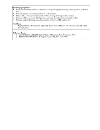 Question paper pattern:
• Examination will be conducted for 100 marks with question paper containing 10 full questions, each of 20
marks.
• Each full question can have a maximum of 4 sub questions.
• There will be 2 full questions from each module covering all the topics of the module.
• Students will have to answer 5 full questions, selecting one full question from each module.
• The total marks will be proportionally reduced to 60 marks as SEE marks is 60.
Text Book:
Neural Networks A Classroom Approach –Satish Kumar, McGraw Hill Education (India) Pvt. Ltd,
Second Edition.
Reference Books:
1. Introduction to Artificial Neural Systems - J.M. Zurada, Jaico Publications 1994.
2. Artificial Neural Networks- B. Yegnanarayana, PHI, New Delhi 1998.
 