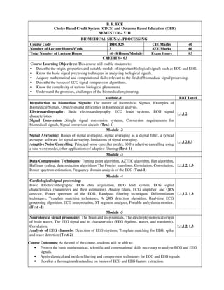 B. E. ECE
Choice Based Credit System (CBCS) and Outcome Based Education (OBE)
SEMESTER – VIII
BIOMEDICAL SIGNAL PROCESSING
Course Code 18EC825 CIE Marks 40
Number of Lecture Hours/Week 3 SEE Marks 60
Total Number of Lecture Hours 40 (8 Hours/Module) Exam Hours 03
CREDITS – 03
Course Learning Objectives: This course will enable students to:
• Describe the origin, properties and suitable models of important biological signals such as ECG and EEG.
• Know the basic signal processing techniques in analysing biological signals.
• Acquire mathematical and computational skills relevant to the field of biomedical signal processing.
• Describe the basics of ECG signal compression algorithms.
• Know the complexity of various biological phenomena.
• Understand the promises, challenges of the biomedical engineering.
Module -1 RBT Level
Introduction to Biomedical Signals: The nature of Biomedical Signals, Examples of
Biomedical Signals, Objectives and difficulties in Biomedical analysis.
Electrocardiography: Basic electrocardiography, ECG leads systems, ECG signal
characteristics.
Signal Conversion :Simple signal conversion systems, Conversion requirements for
biomedical signals, Signal conversion circuits (Text-1)
L1,L2
Module -2
Signal Averaging: Basics of signal averaging, signal averaging as a digital filter, a typical
averager, software for signal averaging, limitations of signal averaging.
Adaptive Noise Cancelling: Principal noise canceller model, 60-Hz adaptive cancelling using
a sine wave model, other applications of adaptive filtering (Text-1)
L1,L2,L3
Module -3
Data Compression Techniques: Turning point algorithm, AZTEC algorithm, Fan algorithm,
Huffman coding, data reduction algorithms The Fourier transform, Correlation, Convolution,
Power spectrum estimation, Frequency domain analysis of the ECG (Text-1)
L1,L2, L3
Module -4
Cardiological signal processing:
Basic Electrocardiography, ECG data acquisition, ECG lead system, ECG signal
characteristics (parameters and their estimation), Analog filters, ECG amplifier, and QRS
detector, Power spectrum of the ECG, Bandpass filtering techniques, Differentiation
techniques, Template matching techniques, A QRS detection algorithm, Real-time ECG
processing algorithm, ECG interpretation, ST segment analyzer, Portable arrhythmia monitor.
(Text -2)
L1,L2, L3
Module -5
Neurological signal processing: The brain and its potentials, The electrophysiological origin
of brain waves, The EEG signal and its characteristics (EEG rhythms, waves, and transients),
Correlation.
Analysis of EEG channels: Detection of EEG rhythms, Template matching for EEG, spike
and wave detection (Text-2)
L1,L2, L3
Course Outcomes: At the end of the course, students will be able to:
• Possess the basic mathematical, scientific and computational skills necessary to analyse ECG and EEG
signals.
• Apply classical and modern filtering and compression techniques for ECG and EEG signals
• Develop a thorough understanding on basics of ECG and EEG feature extraction.
 