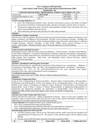 B. E. Common to all Programmes
Choice Based Credit System (CBCS) and Outcome Based Education (OBE)
SEMESTER - III
CONSTITUTION OF INDIA, PROFESSIONAL ETHICS AND CYBER LAW (CPC)
Course Code 18CPC39/49 CIE Marks 40
Teaching Hours/Week (L:T:P) (1:0:0) SEE Marks 60
Credits 01 Exam Hours 02
Course Learning Objectives: To
• know the fundamental political codes, structure, procedures, powers, and duties of Indian
government institutions, fundamental rights, directive principles, and the duties of citizens
• Understand engineering ethics and their responsibilities; identify their individual roles and
ethical responsibilities towards society.
• Know about the cybercrimes and cyber laws for cyber safety measures.
Module-1
Introduction to Indian Constitution:
The Necessity of the Constitution, The Societies before and after the Constitution adoption. Introduction to the
Indian constitution, The Making of the Constitution, The Role of the Constituent Assembly - Preamble and
Salient features of the Constitution of India. Fundamental Rights and its Restriction and limitations in different
Complex Situations. Directive Principles of State Policy (DPSP) and its present relevance in our
society with examples. Fundamental Duties and its Scope and significance in Nation building.
Module-2
Union Executive and State Executive:
Parliamentary System, Federal System, Centre-State Relations. Union Executive – President, Prime Minister,
Union Cabinet, Parliament - LS and RS, Parliamentary Committees, Important Parliamentary Terminologies.
Supreme Court of India, Judicial Reviews and Judicial Activism. State Executives – Governor, Chief Minister,
State Cabinet, State Legislature, High Court and Subordinate Courts, Special Provisions (Articles
370.371,371J) for some States.
Module-3
Elections, Amendments and Emergency Provisions:
Elections, Electoral Process, and Election Commission of India, Election Laws. Amendments - Methods in
Constitutional Amendments (How and Why) and Important Constitutional Amendments. Amendments –
7,9,10,12,42,44, 61, 73,74, ,75, 86, and 91,94,95,100,101,118 and some important Case Studies.
Emergency Provisions, types of Emergencies and its consequences.
Constitutional special provisions:
Special Provisions for SC and ST, OBC, Women, Children and Backward Classes.
Module-4
Professional / Engineering Ethics:
Scope & Aims of Engineering & Professional Ethics - Business Ethics, Corporate Ethics, Personal Ethics.
Engineering and Professionalism, Positive and Negative Faces of Engineering Ethics, Code of Ethics as
defined in the website of Institution of Engineers (India): Profession, Professionalism, and Professional
Responsibility. Clash of Ethics, Conflicts of Interest. Responsibilities in Engineering Responsibilities in
Engineering and Engineering Standards, the impediments to Responsibility. Trust and Reliability in
Engineering, IPRs (Intellectual Property Rights), Risks, Safety and liability in Engineering
Module-5
Internet Laws, Cyber Crimes and Cyber Laws:
Internet and Need for Cyber Laws, Modes of Regulation of Internet, Types of cyber terror capability, Net
neutrality, Types of Cyber Crimes, India and cyber law, Cyber Crimes and the information Technology Act
2000, Internet Censorship. Cybercrimes and enforcement agencies.
Course Outcomes: On completion of this course, students will be able to,
CO 1: Have constitutional knowledge and legal literacy.
CO 2: Understand Engineering and Professional ethics and responsibilities of Engineers.
CO 3: Understand the the cybercrimes and cyber laws for cyber safety measures.
Question paper pattern for SEE and CIE:
• The SEE question paper will be set for 100 marks and the marks scored by the students will
proportionately be reduced to 60. The pattern of the question paper will be objective type
(MCQ).
• For the award of 40 CIE marks, refer the University regulations 2018.
Sl. Title of the Book Name of the Name of the Edition and Year
 