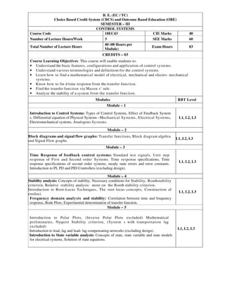 B. E. (EC / TC)
Choice Based Credit System (CBCS) and Outcome Based Education (OBE)
SEMESTER – III
CONTROL SYSTEMS
Course Code 18EC43 CIE Marks 40
Number of Lecture Hours/Week 3 SEE Marks 60
Total Number of Lecture Hours
40 (08 Hours per
Module)
Exam Hours 03
CREDITS – 03
Course Learning Objectives: This course will enable students to:
• Understand the basic features, configurations and application of control systems.
• Understand various terminologies and definitions for the control systems.
• Learn how to find a mathematical model of electrical, mechanical and electro- mechanical
systems.
• Know how to fin d time response from the transfer function.
• Find the transfer function via Mason s’ rule.
• Analyze the stability of a system from the transfer function.
Modules RBT Level
Module – 1
Introduction to Control Systems: Types of Control Systems, Effect of Feedback System
s, Differential equation of Physical Systems –Mechanical Systems, Electrical Systems,
Electromechanical systems, Analogous Systems.
L1, L2, L3
Module – 2
Block diagrams and signal flow graphs: Transfer functions, Block diagram algebra
and Signal Flow graphs.
L1, L2, L3
Module – 3
Time Response of feedback control systems: Standard test signals, Unit step
response of First and Second order Systems. Time response specifications, Time
response specifications of second order systems, steady state errors and error constants.
Introduction to PI, PD and PID Controllers (excluding design).
L1, L2, L3
Module – 4
Stability analysis: Concepts of stability, Necessary conditions for Stability, Routhstability
criterion, Relative stability analysis: more on the Routh stability criterion.
Introduction to Root-Locus Techniques, The root locus concepts, Construction of
rootloci.
Frequency domain analysis and stability: Correlation between time and frequency
response, Bode Plots, Experimental determination of transfer function.
L1, L2, L3
Module – 5
Introduction to Polar Plots, (Inverse Polar Plots excluded) Mathematical
preliminaries, Nyquist Stability criterion, (System s with transportation lag
excluded)
Introduction to lead, lag and lead- lag compensating networks (excluding design).
Introduction to State variable analysis: Concepts of state, state variable and state models
for electrical systems, Solution of state equations.
L1, L2, L3
 