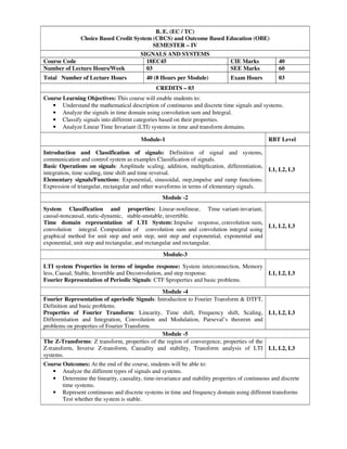 B. E. (EC / TC)
Choice Based Credit System (CBCS) and Outcome Based Education (OBE)
SEMESTER – IV
SIGNALS AND SYSTEMS
Course Code 18EC45 CIE Marks 40
Number of Lecture Hours/Week 03 SEE Marks 60
Total Number of Lecture Hours 40 (8 Hours per Module) Exam Hours 03
CREDITS – 03
Course Learning Objectives: This course will enable students to:
• Understand the mathematical description of continuous and discrete time signals and systems.
• Analyze the signals in time domain using convolution sum and Integral.
• Classify signals into different categories based on their properties.
• Analyze Linear Time Invariant (LTI) systems in time and transform domains.
Module-1 RBT Level
Introduction and Classification of signals: Definition of signal and systems,
communication and control system as examples Classification of signals.
Basic Operations on signals: Amplitude scaling, addition, multiplication, differentiation,
integration, time scaling, time shift and time reversal.
Elementary signals/Functions: Exponential, sinusoidal, step,impulse and ramp functions.
Expression of triangular, rectangular and other waveforms in terms of elementary signals.
L1, L2, L3
Module -2
System Classification and properties: Linear-nonlinear, Time variant-invariant,
causal-noncausal, static-dynamic, stable-unstable, invertible.
Time domain representation of LTI System: Impulse response, convolution sum,
convolution integral. Computation of convolution sum and convolution integral using
graphical method for unit step and unit step, unit step and exponential, exponential and
exponential, unit step and rectangular, and rectangular and rectangular.
L1, L2, L3
Module-3
LTI system Properties in terms of impulse response: System interconnection, Memory
less, Causal, Stable, Invertible and Deconvolution, and step response.
Fourier Representation of Periodic Signals: CTF Sproperties and basic problems.
L1, L2, L3
Module -4
Fourier Representation of aperiodic Signals: Introduction to Fourier Transform & DTFT,
Definition and basic problems.
Properties of Fourier Transform: Linearity, Time shift, Frequency shift, Scaling,
Differentiation and Integration, Convolution and Modulation, Parseval’s theorem and
problems on properties of Fourier Transform.
L1, L2, L3
Module -5
The Z-Transforms: Z transform, properties of the region of convergence, properties of the
Z-transform, Inverse Z-transform, Causality and stability, Transform analysis of LTI
systems.
L1, L2, L3
Course Outcomes: At the end of the course, students will be able to:
• Analyze the different types of signals and systems.
• Determine the linearity, causality, time-invariance and stability properties of continuous and discrete
time systems.
• Represent continuous and discrete systems in time and frequency domain using different transforms
Test whether the system is stable.
 