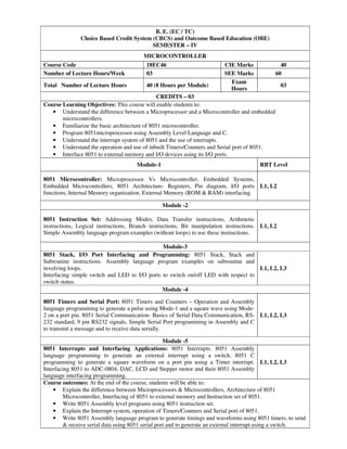 B. E. (EC / TC)
Choice Based Credit System (CBCS) and Outcome Based Education (OBE)
SEMESTER – IV
MICROCONTROLLER
Course Code 18EC46 CIE Marks 40
Number of Lecture Hours/Week 03 SEE Marks 60
Total Number of Lecture Hours 40 (8 Hours per Module)
Exam
Hours
03
CREDITS – 03
Course Learning Objectives: This course will enable students to:
• Understand the difference between a Microprocessor and a Microcontroller and embedded
microcontrollers.
• Familiarize the basic architecture of 8051 microcontroller.
• Program 8051microprocessor using Assembly Level Language and C.
• Understand the interrupt system of 8051 and the use of interrupts.
• Understand the operation and use of inbuilt Timers/Counters and Serial port of 8051.
• Interface 8051 to external memory and I/O devices using its I/O ports.
Module-1 RBT Level
8051 Microcontroller: Microprocessor Vs Microcontroller, Embedded Systems,
Embedded Microcontrollers, 8051 Architecture- Registers, Pin diagram, I/O ports
functions, Internal Memory organization. External Memory (ROM & RAM) interfacing.
L1, L2
Module -2
8051 Instruction Set: Addressing Modes, Data Transfer instructions, Arithmetic
instructions, Logical instructions, Branch instructions, Bit manipulation instructions.
Simple Assembly language program examples (without loops) to use these instructions.
L1, L2
Module-3
8051 Stack, I/O Port Interfacing and Programming: 8051 Stack, Stack and
Subroutine instructions. Assembly language program examples on subroutine and
involving loops.
Interfacing simple switch and LED to I/O ports to switch on/off LED with respect to
switch status.
L1, L2, L3
Module -4
8051 Timers and Serial Port: 8051 Timers and Counters – Operation and Assembly
language programming to generate a pulse using Mode-1 and a square wave using Mode-
2 on a port pin. 8051 Serial Communication- Basics of Serial Data Communication, RS-
232 standard, 9 pin RS232 signals, Simple Serial Port programming in Assembly and C
to transmit a message and to receive data serially.
L1, L2, L3
Module -5
8051 Interrupts and Interfacing Applications: 8051 Interrupts. 8051 Assembly
language programming to generate an external interrupt using a switch, 8051 C
programming to generate a square waveform on a port pin using a Timer interrupt.
Interfacing 8051 to ADC-0804, DAC, LCD and Stepper motor and their 8051 Assembly
language interfacing programming.
L1, L2, L3
Course outcomes: At the end of the course, students will be able to:
• Explain the difference between Microprocessors & Microcontrollers, Architecture of 8051
Microcontroller, Interfacing of 8051 to external memory and Instruction set of 8051.
• Write 8051 Assembly level programs using 8051 instruction set.
• Explain the Interrupt system, operation of Timers/Counters and Serial port of 8051.
• Write 8051 Assembly language program to generate timings and waveforms using 8051 timers, to send
& receive serial data using 8051 serial port and to generate an external interrupt using a switch.
 