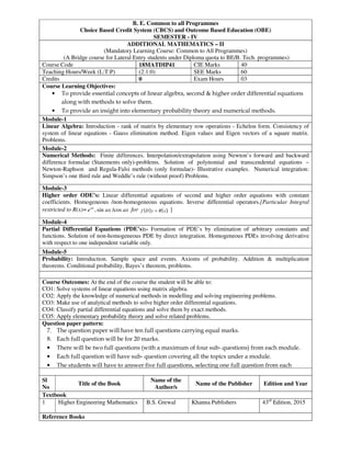 B. E. Common to all Programmes
Choice Based Credit System (CBCS) and Outcome Based Education (OBE)
SEMESTER - IV
ADDITIONAL MATHEMATICS – II
(Mandatory Learning Course: Common to All Programmes)
(A Bridge course for Lateral Entry students under Diploma quota to BE/B. Tech. programmes)
Course Code 18MATDIP41 CIE Marks 40
Teaching Hours/Week (L:T:P) (2:1:0) SEE Marks 60
Credits 0 Exam Hours 03
Course Learning Objectives:
• To provide essential concepts of linear algebra, second & higher order differential equations
along with methods to solve them.
• To provide an insight into elementary probability theory and numerical methods.
Module-1
Linear Algebra: Introduction - rank of matrix by elementary row operations - Echelon form. Consistency of
system of linear equations - Gauss elimination method. Eigen values and Eigen vectors of a square matrix.
Problems.
Module-2
Numerical Methods: Finite differences. Interpolation/extrapolation using Newton’s forward and backward
difference formulae (Statements only)-problems. Solution of polynomial and transcendental equations –
Newton-Raphson and Regula-Falsi methods (only formulae)- Illustrative examples. Numerical integration:
Simpson’s one third rule and Weddle’s rule (without proof) Problems.
Module-3
Higher order ODE’s: Linear differential equations of second and higher order equations with constant
coefficients. Homogeneous /non-homogeneous equations. Inverse differential operators.[Particular Integral
restricted to R(x)= axaxeax
cos/sin, for ( ) ( ).xRyDf = ]
Module-4
Partial Differential Equations (PDE’s):- Formation of PDE’s by elimination of arbitrary constants and
functions. Solution of non-homogeneous PDE by direct integration. Homogeneous PDEs involving derivative
with respect to one independent variable only.
Module-5
Probability: Introduction. Sample space and events. Axioms of probability. Addition & multiplication
theorems. Conditional probability, Bayes’s theorem, problems.
Course Outcomes: At the end of the course the student will be able to:
CO1: Solve systems of linear equations using matrix algebra.
CO2: Apply the knowledge of numerical methods in modelling and solving engineering problems.
CO3: Make use of analytical methods to solve higher order differential equations.
CO4: Classify partial differential equations and solve them by exact methods.
CO5: Apply elementary probability theory and solve related problems.
Question paper pattern:
7. The question paper will have ten full questions carrying equal marks.
8. Each full question will be for 20 marks.
• There will be two full questions (with a maximum of four sub- questions) from each module.
• Each full question will have sub- question covering all the topics under a module.
• The students will have to answer five full questions, selecting one full question from each
Sl
No
Title of the Book
Name of the
Author/s
Name of the Publisher Edition and Year
Textbook
1 Higher Engineering Mathematics B.S. Grewal Khanna Publishers 43rd
Edition, 2015
Reference Books
 