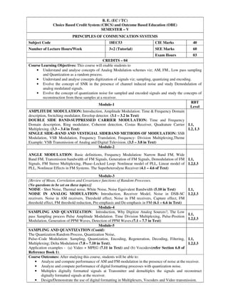 B. E. (EC / TC)
Choice Based Credit System (CBCS) and Outcome Based Education (OBE)
SEMESTER – V
PRINCIPLES OF COMMUNICATION SYSTEMS
Subject Code 18EC53 CIE Marks 40
Number of Lecture Hours/Week 3+2 (Tutorial) SEE Marks 60
Exam Hours 03
CREDITS – 04
Course Learning Objectives: This course will enable students to
• Understand and analyse concepts of Analog Modulation schemes viz; AM, FM., Low pass sampling
and Quantization as a random process.
• Understand and analyse concepts digitization of signals viz; sampling, quantizing and encoding.
• Evolve the concept of SNR in the presence of channel induced noise and study Demodulation of
analog modulated signals.
• Evolve the concept of quantization noise for sampled and encoded signals and study the concepts of
reconstruction from these samples at a receiver.
Module-1
RBT
Level
AMPLITUDE MODULATION: Introduction, Amplitude Modulation: Time & Frequency Domain
description, Switching modulator, Envelop detector. (3.1 – 3.2 in Text)
DOUBLE SIDE BAND-SUPPRESSED CARRIER MODULATION: Time and Frequency
Domain description, Ring modulator, Coherent detection, Costas Receiver, Quadrature Carrier
Multiplexing. (3.3 – 3.4 in Text)
SINGLE SIDE–BAND AND VESTIGIAL SIDEBAND METHODS OF MODULATION: SSB
Modulation, VSB Modulation, Frequency Translation, Frequency- Division Multiplexing,Theme
Example: VSB Transmission of Analog and Digital Television. (3.5 – 3.8 in Text)
L1,
L2, L3
Module-2
ANGLE MODULATION: Basic definitions, Frequency Modulation: Narrow Band FM, Wide
Band FM, Transmission bandwidth of FM Signals, Generation of FM Signals, Demodulation of FM
Signals, FM Stereo Multiplexing, Phase–Locked Loop: Nonlinear model of PLL, Linear model of
PLL, Nonlinear Effects in FM Systems. The Superheterodyne Receiver (4.1 – 4.6 of Text)
L1,
L2,L3
Module-3
[Review of Mean, Correlation and Covariance functions of Random Processes.
(No questions to be set on these topics)]
NOISE - Shot Noise, Thermal noise, White Noise, Noise Equivalent Bandwidth (5.10 in Text)
NOISE IN ANALOG MODULATION: Introduction, Receiver Model, Noise in DSB-SC
receivers. Noise in AM receivers, Threshold effect, Noise in FM receivers, Capture effect, FM
threshold effect, FM threshold reduction, Pre-emphasis and De-emphasis in FM (6.1 – 6.6 in Text)
L1,
L2,L3
Module-4
SAMPLING AND QUANTIZATION: Introduction, Why Digitize Analog Sources?, The Low
pass Sampling process Pulse Amplitude Modulation. Time Division Multiplexing, Pulse-Position
Modulation, Generation of PPM Waves, Detection of PPM Waves.(7.1 – 7.7 in Text)
L1,
L2,L3
Module-5
SAMPLING AND QUANTIZATION (Contd):
The Quantization Random Process, Quantization Noise,
Pulse–Code Modulation: Sampling, Quantization, Encoding, Regeneration, Decoding, Filtering,
Multiplexing; Delta Modulation (7.8 – 7.10 in Text),
Application examples - (a) Video + MPEG (7.11 in Text) and (b) Vocoders(refer Section 6.8 of
Reference Book 1).
L1,
L2,L3
Course Outcomes: After studying this course, students will be able to:
• Analyze and compute performance of AM and FM modulation in the presence of noise at the receiver.
• Analyze and compute performance of digital formatting processes with quantization noise.
• Multiplex digitally formatted signals at Transmitter and demultiplex the signals and reconstruct
digitally formatted signals at the receiver.
• Design/Demonstrate the use of digital formatting in Multiplexers, Vocoders and Video transmission.
 