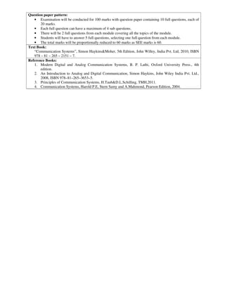 Question paper pattern:
• Examination will be conducted for 100 marks with question paper containing 10 full questions, each of
20 marks.
• Each full question can have a maximum of 4 sub questions.
• There will be 2 full questions from each module covering all the topics of the module.
• Students will have to answer 5 full questions, selecting one full question from each module.
• The total marks will be proportionally reduced to 60 marks as SEE marks is 60.
Text Book:
“Communication Systems”, Simon Haykins&Moher, 5th Edition, John Willey, India Pvt. Ltd, 2010, ISBN
978 – 81 – 265 – 2151 – 7.
Reference Books:
1. Modern Digital and Analog Communication Systems, B. P. Lathi, Oxford University Press., 4th
edition.
2. An Introduction to Analog and Digital Communication, Simon Haykins, John Wiley India Pvt. Ltd.,
2008, ISBN 978–81–265–3653–5.
3. Principles of Communication Systems, H.Taub&D.L.Schilling, TMH,2011.
4. Communication Systems, Harold P.E, Stern Samy and A.Mahmond, Pearson Edition, 2004.
 