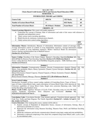 B. E. (EC / TC)
Choice Based Credit System (CBCS) and Outcome Based Education (OBE)
SEMESTER – V
INFORMATION THEORY and CODING
Course Code 18EC54 CIE Marks 40
Number of Lecture Hours/Week 3 SEE Marks 60
Total Number of Lecture Hours 40 (8 Hours / Module) Exam Hours 03
CREDITS – 03
Course Learning Objectives: This course will enable students to
• Understand the concept of Entropy, Rate of information and order of the source with reference to
dependent and independent source.
• Study various source encoding algorithms.
• Model discrete & continuous communication channels.
• Study various error control coding algorithms.
Module-1 RBT
Level
Information Theory: Introduction, Measure of information, Information content of message,
Average Information content of symbols in Long Independent sequences, Average Information
content of symbols in Long dependent sequences, Markov Statistical Model for Information
Sources, Entropy and Information rate of Markoff Sources
(Section 4.1, 4.2 of Text 1)
L1,
L2,L3
Module-2
Source Coding: Encoding of the Source Output, Shannon’s Encoding Algorithm(Sections 4.3,
4.3.1 of Text 1), Shannon Fano Encoding Algorithm (Section 2.15 of Reference Book 4)
Source coding theorem, Prefix Codes, Kraft McMillan Inequality property – KMI, Huffman codes
(Section 2.2 of Text 2)
L1,
L2,L3
Module-3
Information Channels: Communication Channels, Discrete Communication channels Channel
Matrix, Joint probabilty Matrix, Binary Symmetric Channel, System Entropies. (Section 4.4, 4.5,
4.51,4.5.2 of Text 1)
Mutual Information, Channel Capacity, Channel Capacity of Binary Symmetric Channel, (Section
2.5, 2.6 of Text 2)
Binary Erasure Channel, Muroga,s Theorem (Section 2.27, 2.28 of Reference Book 4)
L1, L2,
L3
Module-4
Error Control Coding:
Introduction, Examples of Error control coding, methods of Controlling Errors, Types of Errors,
types of Codes, Linear Block Codes: matrix description of Linear Block Codes, Error detection &
Correction capabilities of Linear Block Codes, Single error correction Hamming code, Table
lookup Decoding using Standard Array.
Binary Cyclic Codes: Algebraic Structure of Cyclic Codes, Encoding using an (n-k) Bit Shift
register, Syndrome Calculation, Error Detection and Correction (Sections 9.1,
9.2,9.3,9.3.1,9.3.2,9.3.3 of Text 1)
L1, L2,
L3
Module-5
Convolution Codes: Convolution Encoder, Time domain approach, Transform domain approach,
Code Tree, Trellis and State Diagram, The Viterbi Algorithm) (Section 8.5 – Articles 1,2 and 3,
8.6- Article 1 of Text 2)
L1, L2,
L3
Course Outcomes: After studying this course, students will be able to:
• Explain concept of Dependent & Independent Source, measure of information, Entropy, Rate of
Information and Order of a source
• Represent the information using Shannon Encoding, Shannon Fano, Prefix and Huffman Encoding
Algorithms
• Model the continuous and discrete communication channels using input, output and joint probabilities
• Determine a codeword comprising of the check bits computed using Linear Block codes, cyclic codes
& convolutional codes
 