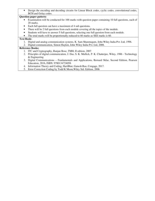 • Design the encoding and decoding circuits for Linear Block codes, cyclic codes, convolutional codes,
BCH and Golay codes.
Question paper pattern:
• Examination will be conducted for 100 marks with question paper containing 10 full questions, each of
20 marks.
• Each full question can have a maximum of 4 sub questions.
• There will be 2 full questions from each module covering all the topics of the module.
• Students will have to answer 5 full questions, selecting one full question from each module.
• The total marks will be proportionally reduced to 60 marks as SEE marks is 60.
Text Book:
1. Digital and analog communication systems, K. Sam Shanmugam, John Wiley India Pvt. Ltd, 1996.
2. Digital communication, Simon Haykin, John Wiley India Pvt. Ltd, 2008.
Reference Books:
1. ITC and Cryptography, Ranjan Bose, TMH, II edition, 2007
2. Principles of digital communication, J. Das, S. K. Mullick, P. K. Chatterjee, Wiley, 1986 - Technology
& Engineering
3. Digital Communications – Fundamentals and Applications, Bernard Sklar, Second Edition, Pearson
Education, 2016, ISBN: 9780134724058.
4. Information Theory and Coding, HariBhat, Ganesh Rao, Cengage, 2017.
5. Error Correction Coding by Todd K Moon,Wiley Std. Edition, 2006
 