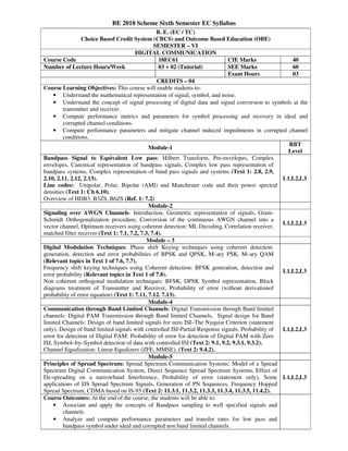 BE 2018 Scheme Sixth Semester EC Syllabus
B. E. (EC / TC)
Choice Based Credit System (CBCS) and Outcome Based Education (OBE)
SEMESTER – VI
DIGITAL COMMUNICATION
Course Code 18EC61 CIE Marks 40
Number of Lecture Hours/Week 03 + 02 (Tutorial) SEE Marks 60
Exam Hours 03
CREDITS – 04
Course Learning Objectives: This course will enable students to:
• Understand the mathematical representation of signal, symbol, and noise.
• Understand the concept of signal processing of digital data and signal conversion to symbols at the
transmitter and receiver.
• Compute performance metrics and parameters for symbol processing and recovery in ideal and
corrupted channel conditions.
• Compute performance parameters and mitigate channel induced impediments in corrupted channel
conditions.
Module-1
RBT
Level
Bandpass Signal to Equivalent Low pass: Hilbert Transform, Pre-envelopes, Complex
envelopes, Canonical representation of bandpass signals, Complex low pass representation of
bandpass systems, Complex representation of band pass signals and systems (Text 1: 2.8, 2.9,
2.10, 2.11, 2.12, 2.13).
Line codes: Unipolar, Polar, Bipolar (AMI) and Manchester code and their power spectral
densities (Text 1: Ch 6.10).
Overview of HDB3, B3ZS, B6ZS (Ref. 1: 7.2)
L1,L2,L3
Module-2
Signaling over AWGN Channels- Introduction, Geometric representation of signals, Gram-
Schmidt Orthogonalization procedure, Conversion of the continuous AWGN channel into a
vector channel, Optimum receivers using coherent detection: ML Decoding, Correlation receiver,
matched filter receiver (Text 1: 7.1, 7.2, 7.3, 7.4).
L1,L2,L3
Module – 3
Digital Modulation Techniques: Phase shift Keying techniques using coherent detection:
generation, detection and error probabilities of BPSK and QPSK, M–ary PSK, M–ary QAM
(Relevant topics in Text 1 of 7.6, 7.7).
Frequency shift keying techniques using Coherent detection: BFSK generation, detection and
error probability (Relevant topics in Text 1 of 7.8).
Non coherent orthogonal modulation techniques: BFSK, DPSK Symbol representation, Block
diagrams treatment of Transmitter and Receiver, Probability of error (without derivationof
probability of error equation) (Text 1: 7.11, 7.12. 7.13).
L1,L2,L3
Module-4
Communication through Band Limited Channels: Digital Transmission through Band limited
channels: Digital PAM Transmission through Band limited Channels, Signal design for Band
limited Channels: Design of band limited signals for zero ISI–The Nyquist Criterion (statement
only), Design of band limited signals with controlled ISI-Partial Response signals, Probability of
error for detection of Digital PAM: Probability of error for detection of Digital PAM with Zero
ISI, Symbol–by–Symbol detection of data with controlled ISI (Text 2: 9.1, 9.2, 9.3.1, 9.3.2).
Channel Equalization: Linear Equalizers (ZFE, MMSE), (Text 2: 9.4.2).
L1,L2,L3
Module-5
Principles of Spread Spectrum: Spread Spectrum Communication Systems: Model of a Spread
Spectrum Digital Communication System, Direct Sequence Spread Spectrum Systems, Effect of
De-spreading on a narrowband Interference, Probability of error (statement only), Some
applications of DS Spread Spectrum Signals, Generation of PN Sequences, Frequency Hopped
Spread Spectrum, CDMA based on IS-95 (Text 2: 11.3.1, 11.3.2, 11.3.3, 11.3.4, 11.3.5, 11.4.2).
L1,L2,L3
Course Outcomes: At the end of the course, the students will be able to:
• Associate and apply the concepts of Bandpass sampling to well specified signals and
channels.
• Analyze and compute performance parameters and transfer rates for low pass and
bandpass symbol under ideal and corrupted non band limited channels.
 