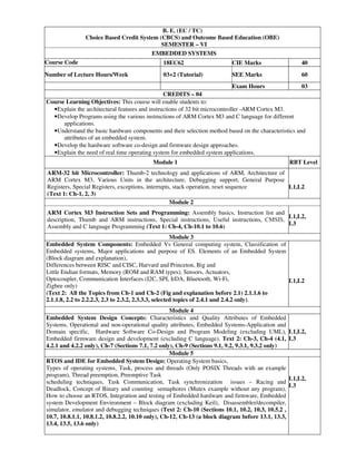 B. E. (EC / TC)
Choice Based Credit System (CBCS) and Outcome Based Education (OBE)
SEMESTER – VI
EMBEDDED SYSTEMS
Course Code
Code
18EC62 CIE Marks 40
Number of Lecture Hours/Week 03+2 (Tutorial) SEE Marks 60
Exam Hours 03
CREDITS – 04
Course Learning Objectives: This course will enable students to:
•Explain the architectural features and instructions of 32 bit microcontroller -ARM Cortex M3.
•Develop Programs using the various instructions of ARM Cortex M3 and C language for different
applications.
•Understand the basic hardware components and their selection method based on the characteristics and
attributes of an embedded system.
•Develop the hardware software co-design and firmware design approaches.
•Explain the need of real time operating system for embedded system applications.
Module 1 RBT Level
ARM-32 bit Microcontroller: Thumb-2 technology and applications of ARM, Architecture of
ARM Cortex M3, Various Units in the architecture, Debugging support, General Purpose
Registers, Special Registers, exceptions, interrupts, stack operation, reset sequence
(Text 1: Ch-1, 2, 3)
L1,L2
Module 2
ARM Cortex M3 Instruction Sets and Programming: Assembly basics, Instruction list and
description, Thumb and ARM instructions, Special instructions, Useful instructions, CMSIS,
Assembly and C language Programming (Text 1: Ch-4, Ch-10.1 to 10.6)
L1,L2,
L3
Module 3
Embedded System Components: Embedded Vs General computing system, Classification of
Embedded systems, Major applications and purpose of ES. Elements of an Embedded System
(Block diagram and explanation),
Differences between RISC and CISC, Harvard and Princeton, Big and
Little Endian formats, Memory (ROM and RAM types), Sensors, Actuators,
Optocoupler, Communication Interfaces (I2C, SPI, IrDA, Bluetooth, Wi-Fi,
Zigbee only)
(Text 2: All the Topics from Ch-1 and Ch-2 (Fig and explanation before 2.1) 2.1.1.6 to
2.1.1.8, 2.2 to 2.2.2.3, 2.3 to 2.3.2, 2.3.3.3, selected topics of 2.4.1 and 2.4.2 only).
L1,L2
Module 4
Embedded System Design Concepts: Characteristics and Quality Attributes of Embedded
Systems, Operational and non-operational quality attributes, Embedded Systems-Application and
Domain specific, Hardware Software Co-Design and Program Modeling (excluding UML),
Embedded firmware design and development (excluding C language). Text 2: Ch-3, Ch-4 (4.1,
4.2.1 and 4.2.2 only), Ch-7 (Sections 7.1, 7.2 only), Ch-9 (Sections 9.1, 9.2, 9.3.1, 9.3.2 only)
L1,L2,
L3
Module 5
RTOS and IDE for Embedded System Design: Operating System basics,
Types of operating systems, Task, process and threads (Only POSIX Threads with an example
program), Thread preemption, Preemptive Task
scheduling techniques, Task Communication, Task synchronization issues – Racing and
Deadlock, Concept of Binary and counting semaphores (Mutex example without any program),
How to choose an RTOS, Integration and testing of Embedded hardware and firmware, Embedded
system Development Environment – Block diagram (excluding Keil), Disassembler/decompiler,
simulator, emulator and debugging techniques (Text 2: Ch-10 (Sections 10.1, 10.2, 10.3, 10.5.2 ,
10.7, 10.8.1.1, 10.8.1.2, 10.8.2.2, 10.10 only), Ch-12, Ch-13 (a block diagram before 13.1, 13.3,
13.4, 13.5, 13.6 only)
L1,L2,
L3
 