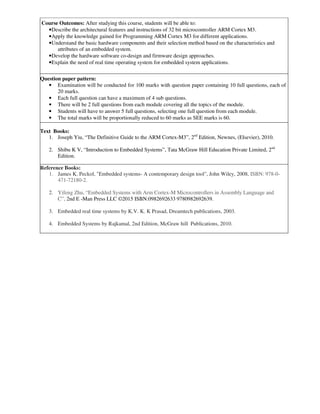 Course Outcomes: After studying this course, students will be able to:
•Describe the architectural features and instructions of 32 bit microcontroller ARM Cortex M3.
•Apply the knowledge gained for Programming ARM Cortex M3 for different applications.
•Understand the basic hardware components and their selection method based on the characteristics and
attributes of an embedded system.
•Develop the hardware software co-design and firmware design approaches.
•Explain the need of real time operating system for embedded system applications.
Question paper pattern:
• Examination will be conducted for 100 marks with question paper containing 10 full questions, each of
20 marks.
• Each full question can have a maximum of 4 sub questions.
• There will be 2 full questions from each module covering all the topics of the module.
• Students will have to answer 5 full questions, selecting one full question from each module.
• The total marks will be proportionally reduced to 60 marks as SEE marks is 60.
Text Books:
1. Joseph Yiu, “The Definitive Guide to the ARM Cortex-M3”, 2nd
Edition, Newnes, (Elsevier), 2010.
2. Shibu K V, “Introduction to Embedded Systems”, Tata McGraw Hill Education Private Limited, 2nd
Edition.
Reference Books:
1. James K. Peckol, "Embedded systems- A contemporary design tool", John Wiley, 2008, ISBN: 978-0-
471-72180-2.
2. Yifeng Zhu, “Embedded Systems with Arm Cortex-M Microcontrollers in Assembly Language and
C”, 2nd E -Man Press LLC ©2015 ISBN:0982692633 9780982692639.
3. Embedded real time systems by K.V. K. K Prasad, Dreamtech publications, 2003.
4. Embedded Systems by Rajkamal, 2nd Edition, McGraw hill Publications, 2010.
 