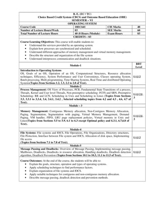 B. E. (EC / TC)
Choice Based Credit System (CBCS) and Outcome Based Education (OBE)
SEMESTER – VI
OPERATING SYSTEM
Course Code 18EC641 CIE Marks 40
Number of Lecture Hours/Week 03 SEE Marks 60
Total Number of Lecture Hours 40 (8 Hours /Module) Exam Hours 03
CREDITS – 03
Course Learning Objectives: This course will enable students to:
• Understand the services provided by an operating system.
• Explain how processes are synchronized and scheduled.
• Understand different approaches of memory management and virtual memory management.
• Describe the structure and organization of the file system
• Understand interprocess communication and deadlock situations.
Module-1
RBT
Level
Introduction to Operating Systems
OS, Goals of an OS, Operation of an OS, Computational Structures, Resource allocation
techniques, Efficiency, System Performance and User Convenience, Classes operating System,
Batch processing, Multi programming, Time Sharing Systems, Real Time and distributed Operating
Systems(Topics from Sections 1.2, 1.3, 2.2 to 2.8 of Text).
L1,L2
Module-2
Process Management: OS View of Processes, PCB, Fundamental State Transitions of a process,
Threads, Kernel and User level Threads, Non-preemptive scheduling- FCFS and SRN, Preemptive
Scheduling- RR and LCN, Scheduling in Unix and Scheduling in Linux (Topics from Sections
3.3, 3.3.1 to 3.3.4, 3.4, 3.4.1, 3.4.2 , Selected scheduling topics from 4.2 and 4.3 , 4.6, 4.7 of
Text).
L1,L2,L
3
Module – 3
Memory Management: Contiguous Memory allocation, Non-Contiguos Memory Allocation,
Paging, Segmentation, Segmentation with paging, Virtual Memory Management, Demand
Paging, VM handler, FIFO, LRU page replacement policies, Virtual memory in Unix and
Linux(Topics from Sections 5.5 to 5.9, 6.1 to 6.3 except Optimal policy and 6.3.1, 6.7,6.8 of
Text).
L1,L2,L
3
Module-4
File Systems: File systems and IOCS, File Operations, File Organizations, Directory structures,
File Protection, Interface between File system and IOCS, Allocation of disk space, Implementing
file access
(Topics from Sections 7.1 to 7.8 of Text).
L1,L2
Module-5
Message Passing and Deadlocks: Overview of Message Passing, Implementing message passing,
Mailboxes, Deadlocks, Deadlocks in resource allocation, Handling deadlocks, Deadlock detection
algorithm, Deadlock Prevention (Topics from Sections 10.1 to 10.3, 11.1 to 11.5 of Text).
L1,L2
Course Outcomes: At the end of the course, the students will be able to:
• Explain the goals, structure, operation and types of operating systems.
• Apply scheduling techniques to find performance factors.
• Explain organization of file systems and IOCS.
• Apply suitable techniques for contiguous and non-contiguous memory allocation.
• Describe message passing, deadlock detection and prevention methods.
 