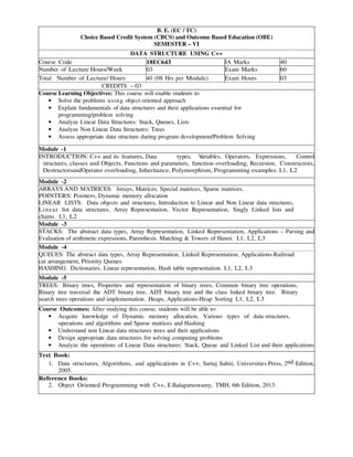 B. E. (EC / TC)
Choice Based Credit System (CBCS) and Outcome Based Education (OBE)
SEMESTER – VI
DATA STRUCTURE USING C++
Course Code 18EC643 IA Marks 40
Number of Lecture Hours/Week 03 Exam Marks 60
Total Number of Lecture/ Hours 40 (08 Hrs per Module) Exam Hours 03
CREDITS – 03
Course Learning Objectives: This course will enable students to
• Solve the problems using object oriented approach
• Explain fundamentals of data structures and their applications essential for
programming/problem solving
• Analyze Linear Data Structures: Stack, Queues, Lists
• Analyze Non Linear Data Structures: Trees
• Assess appropriate data structure during program development/Problem Solving
Module -1
INTRODUCTION: C++ and its features, Data types, Variables, Operators, Expressions, Control
structures, classes and Objects, Functions and parameters, function overloading, Recursion, Constructors,
DestructorsandOperator overloading, Inheritance, Polymorphism, Programming examples. L1, L2
Module -2
ARRAYS AND MATRICES: Arrays, Matrices, Special matrices, Sparse matrices.
POINTERS: Pointers, Dynamic memory allocation
LINEAR LISTS: Data objects and structures, Introduction to Linear and Non Linear data structures,
Linear list data structures, Array Representation, Vector Representation, Singly Linked lists and
chains. L1, L2
Module -3
STACKS: The abstract data types, Array Representation, Linked Representation, Applications – Parsing and
Evaluation of arithmetic expressions, Parenthesis Matching & Towers of Hanoi. L1, L2, L3
Module -4
QUEUES: The abstract data types, Array Representation, Linked Representation, Applications-Railroad
car arrangement, Priority Queues
HASHING: Dictionaries, Linear representation, Hash table representation. L1, L2, L3
Module -5
TREES: Binary trees, Properties and representation of binary trees, Common binary tree operations,
Binary tree traversal the ADT binary tree, ADT binary tree and the class linked binary tree. Binary
search trees operations and implementation. Heaps, Applications-Heap Sorting L1, L2, L3
Course Outcomes: After studying this course, students will be able to:
• Acquire knowledge of Dynamic memory allocation, Various types of data structures,
operations and algorithms and Sparse matrices and Hashing
• Understand non Linear data structures trees and their applications
• Design appropriate data structures for solving computing problems
• Analyze the operations of Linear Data structures: Stack, Queue and Linked List and their applications
Text Book:
1. Data structures, Algorithms, and applications in C++, Sartaj Sahni, Universities Press, 2nd Edition,
2005.
Reference Books:
2. Object Oriented Programming with C++, E.Balaguruswamy, TMH, 6th Edition, 2013.
 