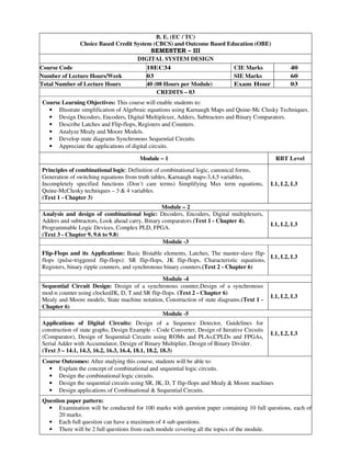 B. E. (EC / TC)
Choice Based Credit System (CBCS) and Outcome Based Education (OBE)
SEMESTER – III
DIGITAL SYSTEM DESIGN
Course Code 18EC34 CIE Marks 40
Number of Lecture Hours/Week 03 SIE Marks 60
Total Number of Lecture Hours 40 (08 Hours per Module) Exam Hour 03
CREDITS – 03
Course Learning Objectives: This course will enable students to:
• Illustrate simplification of Algebraic equations using Karnaugh Maps and Quine-Mc Clusky Techniques.
• Design Decoders, Encoders, Digital Multiplexer, Adders, Subtractors and Binary Comparators.
• Describe Latches and Flip-flops, Registers and Counters.
• Analyze Mealy and Moore Models.
• Develop state diagrams Synchronous Sequential Circuits.
• Appreciate the applications of digital circuits.
Module – 1 RBT Level
Principles of combinational logic: Definition of combinational logic, canonical forms,
Generation of switching equations from truth tables, Karnaugh maps-3,4,5 variables,
Incompletely specified functions (Don‘t care terms) Simplifying Max term equations,
Quine-McClusky techniques – 3 & 4 variables.
(Text 1 - Chapter 3)
L1, L2, L3
Module – 2
Analysis and design of combinational logic: Decoders, Encoders, Digital multiplexers,
Adders and subtractors, Look ahead carry, Binary comparators.(Text 1 - Chapter 4).
Programmable Logic Devices, Complex PLD, FPGA.
(Text 3 - Chapter 9, 9.6 to 9.8)
L1, L2, L3
Module -3
Flip-Flops and its Applications: Basic Bistable elements, Latches, The master-slave flip-
flops (pulse-triggered flip-flops): SR flip-flops, JK flip-flops, Characteristic equations,
Registers, binary ripple counters, and synchronous binary counters.(Text 2 - Chapter 6)
L1, L2, L3
Module -4
Sequential Circuit Design: Design of a synchronous counter,Design of a synchronous
mod-n counter using clockedJK, D, T and SR flip-flops. (Text 2 - Chapter 6)
Mealy and Moore models, State machine notation, Construction of state diagrams.(Text 1 -
Chapter 6)
L1, L2, L3
Module -5
Applications of Digital Circuits: Design of a Sequence Detector, Guidelines for
construction of state graphs, Design Example – Code Converter, Design of Iterative Circuits
(Comparator), Design of Sequential Circuits using ROMs and PLAs,CPLDs and FPGAs,
Serial Adder with Accumulator, Design of Binary Multiplier, Design of Binary Divider.
(Text 3 – 14.1, 14.3, 16.2, 16.3, 16.4, 18.1, 18.2, 18.3)
L1, L2, L3
Course Outcomes: After studying this course, students will be able to:
• Explain the concept of combinational and sequential logic circuits.
• Design the combinational logic circuits.
• Design the sequential circuits using SR, JK, D, T flip-flops and Mealy & Moore machines
• Design applications of Combinational & Sequential Circuits.
Question paper pattern:
• Examination will be conducted for 100 marks with question paper containing 10 full questions, each of
20 marks.
• Each full question can have a maximum of 4 sub questions.
• There will be 2 full questions from each module covering all the topics of the module.
 