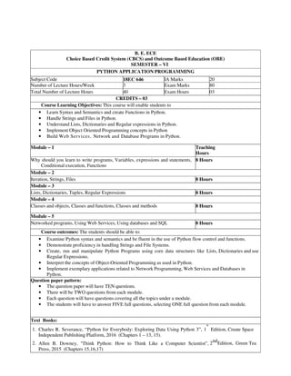 B. E. ECE
Choice Based Credit System (CBCS) and Outcome Based Education (OBE)
SEMESTER – VI
PYTHON APPLICATION PROGRAMMING
Subject Code 18EC 646 IA Marks 20
Number of Lecture Hours/Week 3 Exam Marks 80
Total Number of Lecture Hours 40 Exam Hours 03
CREDITS – 03
Course Learning Objectives: This course will enable students to
• Learn Syntax and Semantics and create Functions in Python.
• Handle Strings and Files in Python.
• Understand Lists, Dictionaries and Regular expressions in Python.
• Implement Object Oriented Programming concepts in Python
• Build Web Services, Network and Database Programs in Python.
Module – 1 Teaching
Hours
Why should you learn to write programs, Variables, expressions and statements,
Conditional execution, Functions
8 Hours
Module – 2
Iteration, Strings, Files 8 Hours
Module – 3
Lists, Dictionaries, Tuples, Regular Expressions 8 Hours
Module – 4
Classes and objects, Classes and functions, Classes and methods 8 Hours
Module – 5
Networked programs, Using Web Services, Using databases and SQL 8 Hours
Course outcomes: The students should be able to:
• Examine Python syntax and semantics and be fluent in the use of Python flow control and functions.
• Demonstrate proficiency in handling Strings and File Systems.
• Create, run and manipulate Python Programs using core data structures like Lists, Dictionaries and use
Regular Expressions.
• Interpret the concepts of Object-Oriented Programming as used in Python.
• Implement exemplary applications related to Network Programming, Web Services and Databases in
Python.
Question paper pattern:
• The question paper will have TEN questions.
• There will be TWO questions from each module.
• Each question will have questions covering all the topics under a module.
• The students will have to answer FIVE full questions, selecting ONE full question from each module.
Text Books:
1. Charles R. Severance, “Python for Everybody: Exploring Data Using Python 3”, 1
st
Edition, Create Space
Independent Publishing Platform, 2016 (Chapters 1 – 13, 15).
2. Allen B. Downey, "Think Python: How to Think Like a Computer Scientist”, 2ndEdition, Green Tea
Press, 2015 (Chapters 15,16,17)
 