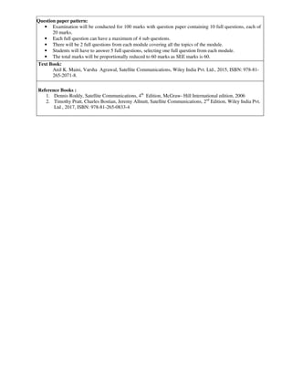 Question paper pattern:
• Examination will be conducted for 100 marks with question paper containing 10 full questions, each of
20 marks.
• Each full question can have a maximum of 4 sub questions.
• There will be 2 full questions from each module covering all the topics of the module.
• Students will have to answer 5 full questions, selecting one full question from each module.
• The total marks will be proportionally reduced to 60 marks as SEE marks is 60.
Text Book:
Anil K. Maini, Varsha Agrawal, Satellite Communications, Wiley India Pvt. Ltd., 2015, ISBN: 978-81-
265-2071-8.
Reference Books :
1. Dennis Roddy, Satellite Communications, 4th
Edition, McGraw- Hill International edition, 2006
2. Timothy Pratt, Charles Bostian, Jeremy Allnutt, Satellite Communications, 2nd
Edition, Wiley India Pvt.
Ltd , 2017, ISBN: 978-81-265-0833-4
 