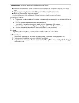 Course Outcomes: At the end of the course, students should be able to:
• Understand image formation and the role human visual system plays in perception of gray and color image
data.
• Apply image processing techniques in both the spatial and frequency (Fourier) domains.
• Design and evaluate image analysis techniques
• Conduct independent study and analysis of Image Enhancement and restoration techniques.
Question paper pattern:
• Examination will be conducted for 100 marks with question paper containing 10 full questions, each of 20
marks.
• Each full question can have a maximum of 4 sub questions.
• There will be 2 full questions from each module covering all the topics of the module.
• Students will have to answer 5 full questions, selecting one full question from each module.
• The total marks will be proportionally reduced to 60 marks as SEE marks is 60.
Text Book:
DigitalImageProcessing-RafelCGonzalezandRichardE.Woods,PHI3rd Edition 2010.
Reference Books:
1. Digital Image Processing- S. Jayaraman, S. Esakkirajan,T. Veerakumar,Tata Mc GrawHill2014.
2. FundamentalsofDigitalImageProcessing-A.K.Jain,Pearson2004.
3. Image Processing analysis and Machine vision with Mind Tap by Milan Sonka and Roger Boile, Cengage
Publications, 2018.
 