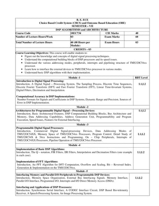 B. E. ECE
Choice Based Credit System (CBCS) and Outcome Based Education (OBE)
SEMESTER – VII
DSP ALGORITHMS and ARCHITECTURE
Course Code 18EC734 CIE Marks 40
Number of Lecture Hours/Week 03 Exam Marks 60
Total Number of Lecture Hours 40 (08 Hours per
Module)
Exam Hours 03
CREDITS – 03
Course Learning Objectives: This course will enable students to:
• Figure out the knowledge and concepts of digital signal processing techniques.
• Understand the computational building blocks of DSP processors and its speed issues.
• Understand the various addressing modes, peripherals, interrupts and pipelining structure of TMS320C54xx
processor.
• Learn how to interface the external devices to TMS320C54xx processor in various modes.
• Understand basic DSP algorithms with their implementation.
Module -1 RBT Level
Introduction to Digital Signal Processing:
Introduction, A Digital Signal – Processing System, The Sampling Process, Discrete Time Sequences,
Discrete Fourier Transform (DFT) and Fast Fourier Transform (FFT), Linear Time-Invariant Systems,
Digital Filters, Decimation and Interpolation.
Computational Accuracy in DSP Implementations:
Number Formats for Signals and Coefficients in DSP Systems, Dynamic Range and Precision, Sources of
Error in DSP Implementation.
L1,L2
Module -2
Architectures for Programmable Digital Signal – Processing Devices:
Introduction, Basic Architectural Features, DSP Computational Building Blocks, Bus Architecture and
Memory, Data Addressing Capabilities, Address Generation Unit, Programmability and Program
Execution, Speed Issues, Features for External Interfacing.
L1,L2
Module -3
Programmable Digital Signal Processors:
Introduction, Commercial Digital Signal-processing Devices, Data Addressing Modes of
TMS32OC54XX, Memory Space of TMS32OC54xx Processors, Program Control. Detail Study of
TMS320C54X & 54xx Instructions and Programming, On – Chip Peripherals, Interrupts of
TMS32OC54XX Processors, Pipeline Operation of TMS32OC54xx Processor.
L1,L2
Module -4
Implementation of Basic DSP Algorithms:
Introduction, The Q – notation, FIR Filters, IIR Filters, Interpolation and Decimation Filters (one example
in each case).
Implementation of FFT Algorithms:
Introduction, An FFT Algorithm for DFT Computation, Overflow and Scaling, Bit – Reversed Index.
Generation & Implementation on the TMS32OC54xx.
L1,L2
Module -5
Interfacing Memory and Parallel I/O Peripherals to Programmable DSP Devices:
Introduction, Memory Space Organization, External Bus Interfacing Signals. Memory Interface,
Parallel I/O Interface, Programmed I/O, Interrupts and I/O Direct Memory Access (DMA).
Interfacing and Applications of DSP Processors:
Introduction, Synchronous Serial Interface, A CODEC Interface Circuit, DSP Based Bio-telemetry
Receiver, A Speech Processing System, An Image Processing System.
L1,L2
 