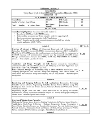 Professional Electives – 3
B. E. (EC/TC)
Choice Based Credit System (CBCS) and Outcome Based Education (OBE)
SEMESTER – VII
IoT & WIRELESS SENSOR NETWORKS
Course Code 18EC741 CIE Marks 40
Number of Lecture Hours/Week 03 SEE Marks 60
Total Number of Lecture Hours
40 (8 Hours /
Module)
Exam Hours 03
CREDITS – 03
Course Learning Objectives: This course will enable students to:
• Describe the OSI Model for IoT/M2M Systems.
• Understand the architecture and design principles for device supporting IoT.
• Develop competence in programming for IoT Applications.
• Identify the uplink and downlink communication protocols which best suits the
specific application of IOT / WSNs.
Module-1 RBT Levels
Overview of Internet of Things: IoT Conceptual Framework, IoT Architectural View,
Technology Behind IoT, Sources of IoT,M2M communication, Examples of IoT. Modified OSI
Model for the IoT/M2M Systems, data enrichment, data consolidation and device management at
IoT/M2M Gateway, web communication protocols used by connected IoT/M2M devices,
Message communication protocols (CoAP-SMS, CoAP-MQ, MQTT,XMPP) for IoT/M2M
devices. – Refer Chapter 1, 2 and 3 of Text 1.
L1, L2
Module-2
Architecture and Design Principles for IoT: Internet connectivity, Internet-based
communication,IPv4, IPv6,6LoWPAN protocol, IP Addressing in the IoT, Application layer
protocols: HTTP, HTTPS,FTP,TELNET and ports.
Data Collection, Storage and Computing using a Cloud Platform: Introduction, Cloud
computing paradigm for data collection, storage and computing, Cloud service models, IoT
Cloud- based data collection, storage and computing services using Nimbits. - Refer Chapter 4
and 6 of Text 1.
L1, L2
Module-3
Prototyping and Designing Software for IoT Applications: Introduction, Prototyping
Embedded device software, Programming Embedded Device Arduino Platform using IDE,
Reading data from sensors and devices, Devices, Gateways, Internet and Web/Cloud services
software development.
Programming MQTT clients and MQTT server. Introduction to IoT privacy and security.
Vulnerabilities, security requirements and threat analysis, IoT Security Tomography and layered
attacker model. - Refer Chapter 9 and 10 of Text 1.
L1, L2, L3
Module-4
Overview of Wireless Sensor Networks:
Challenges for Wireless Sensor Networks, Enabling Technologies for Wireless Sensor Networks.
Architectures: Single-Node Architecture - Hardware Components, Energy Consumption of
Sensor Nodes, Operating Systems and Execution Environments, Network Architecture-Sensor
Network Scenarios, Optimization Goals and Figures of Merit, Design principles for WSNs,
Service interfaces of WSNs Gateway Concepts. - Refer Chapter 1, 2, 3 of Text 2.
L1, L2, L3
Module-5
 