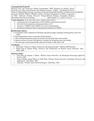 Communication Protocols:
Physical Layer and Transceiver Design Considerations, MAC Protocols for Wireless Sensor
Networks, Low Duty Cycle Protocols And Wakeup Concepts - S-MAC , The Mediation Device
Protocol, Wakeup Radio Concepts, Contention based protocols(CSMA,PAMAS), Schedule based
protocols (LEACH, SMACS, TRAMA) Address and Name Management in WSNs, Assignment
of MAC Addresses, Routing Protocols- Energy-Efficient Routing, Geographic Routing,
Hierarchical networks by clustering. - Refer Chapter 4, 5, 7 and 11 of Text 2.
L1, L2, L3
Course Outcomes: At the end of the course, students will be able to:
• Understand choice and application of IoT & M2M communication protocols.
• Describe Cloud computing and design principles of IoT.
• Awareness of MQTT clients, MQTT server and its programming.
• Develop an architecture and its communication protocols of of WSNs.
Question paper pattern:
• Examination will be conducted for 100 marks with question paper containing 10 full questions, each of 20
marks.
• Each full question can have a maximum of 4sub questions.
• There will be2 full questions from each module covering all the topics of the module.
• Students will have to answer 5full questions, selecting one full question from each module.
• The total marks will be proportionally reduced to 60 marks as SEE marks is 60.
Text Books:
1. Raj Kamal, ”Internet of Things-Architecture and design principles”, McGraw Hill Education.
2. Holger Karl & Andreas Willig, "Protocols And Architectures for Wireless Sensor Networks", John
Wiley, 2005.
Reference Books:
1. Feng Zhao & Leonidas J. Guibas, “Wireless Sensor Networks- An Information Processing Approach",
Elsevier, 2007.
2. Kazem Sohraby, Daniel Minoli, & Taieb Znati, “Wireless Sensor Networks- Technology, Protocols, And
Applications”, John Wiley, 2007.
3. Anna Hac, “Wireless Sensor Network Designs”, John Wiley, 2003.
 