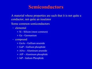 SemiconductorsSemiconductors
A material whose properties are such that it is not quite aA material whose properties are such that it is not quite a
conductor, not quite an insulatorconductor, not quite an insulator
Some common semiconductorsSome common semiconductors
– elementalelemental
» Si - Silicon (most common)
» Ge - Germanium
– compoundcompound
» GaAs - Gallium arsenide
» GaP - Gallium phosphide
» AlAs - Aluminum arsenide
» AlP - Aluminum phosphide
» InP - Indium Phosphide
 